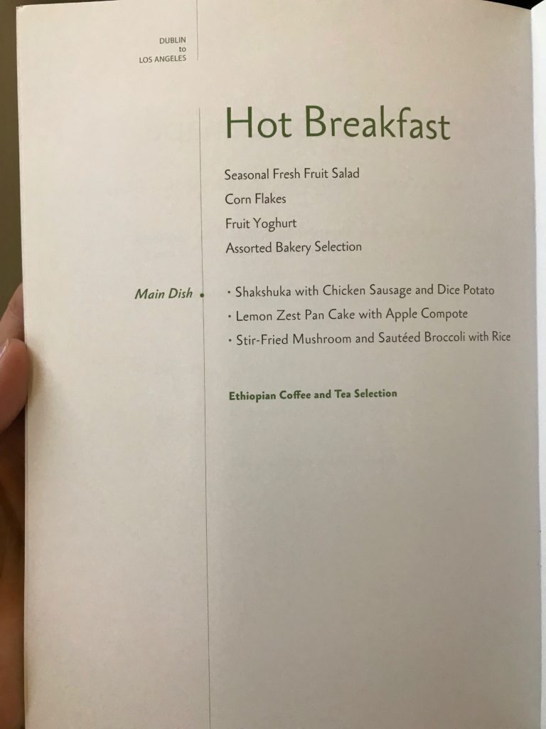 Breakfast menu Ethiopian Air