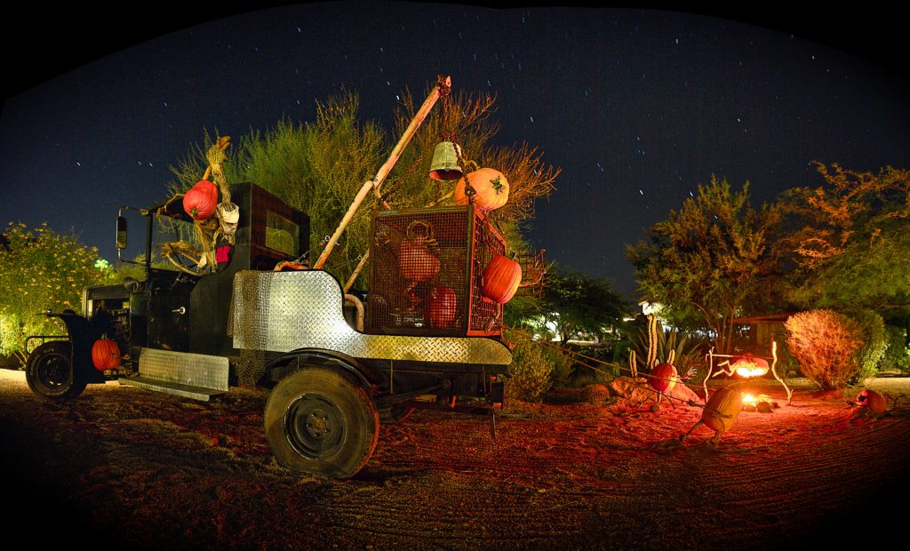 Nighttime illuminated pumpkin scene