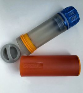 Grayl filter bottle with attached blue filter