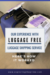 Luggage Free Pinterest Pin showing shipped suitcases with FedEx tags